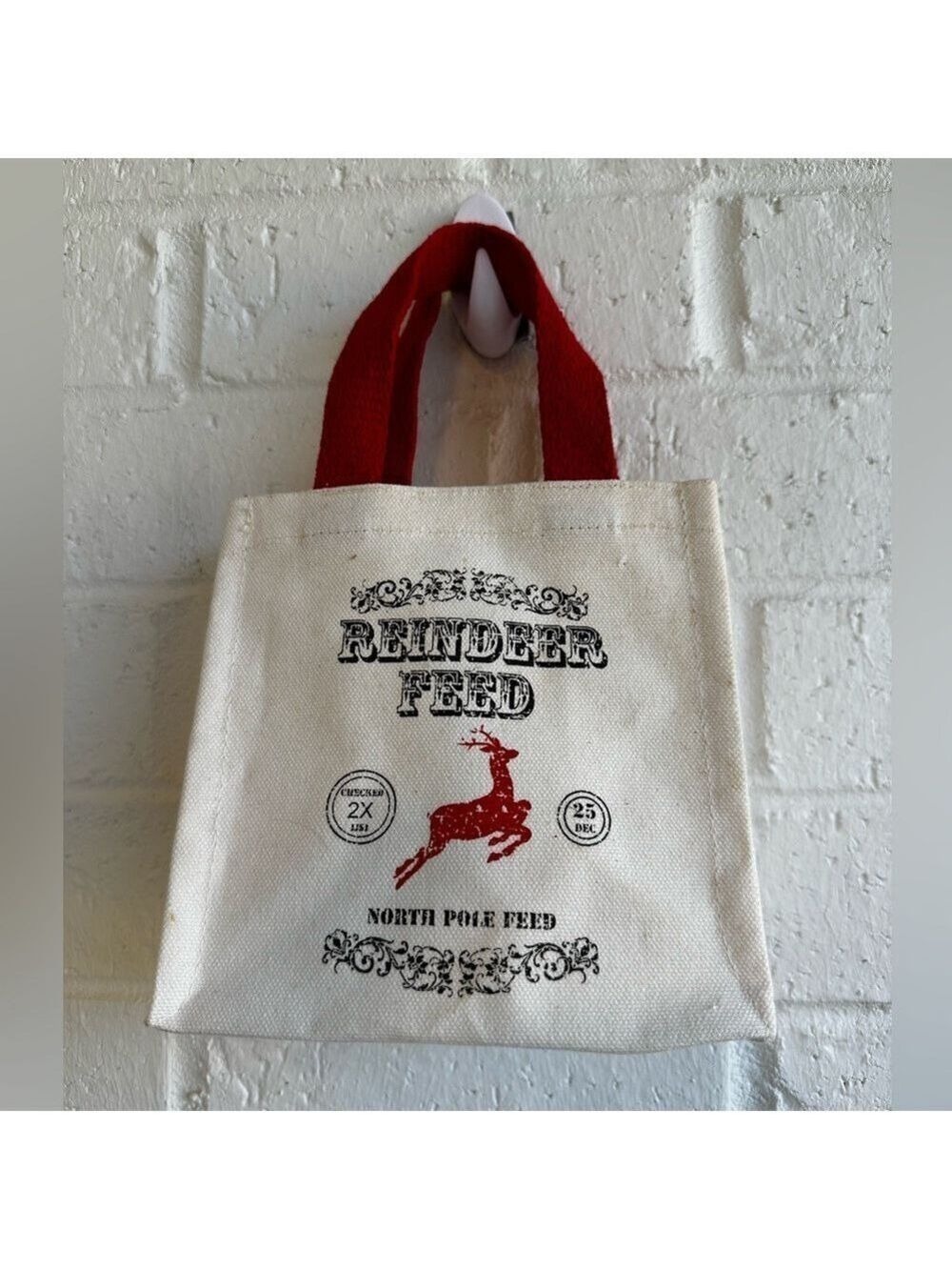 Vintage-Style Canvas Bag REINDEER FEED and NORTH POLE FEED Graphic w/Red Handles